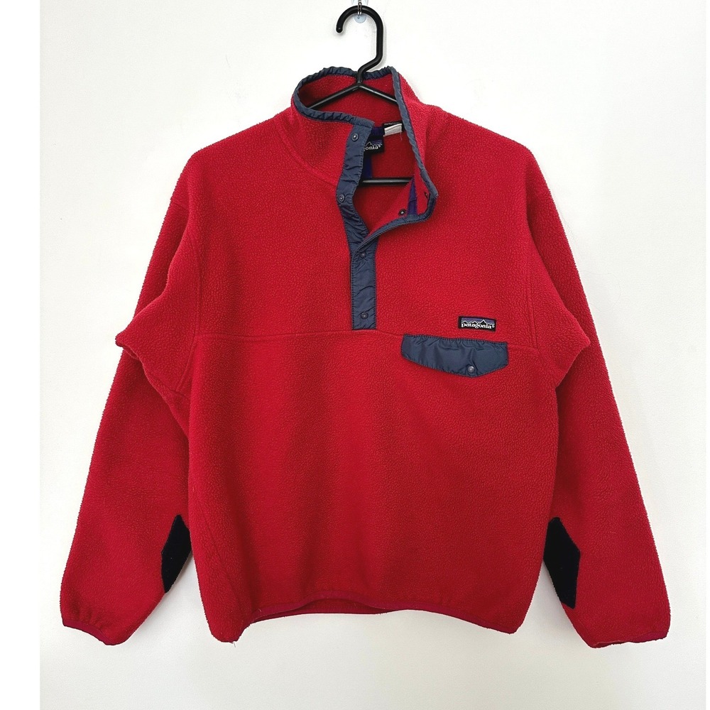 VTG 90s Patagonia Synchilla Snap T Fleece Pullover Jacket L Red Navy Elbow Patch